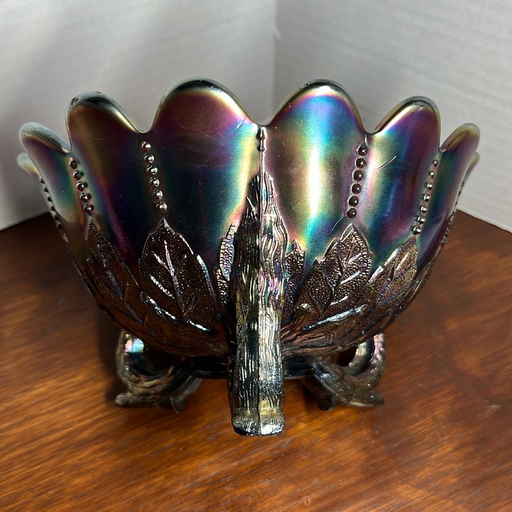 Sapphire Blue Northwood Carnival Glass Leaf & Beads w/ Sunflower Interior